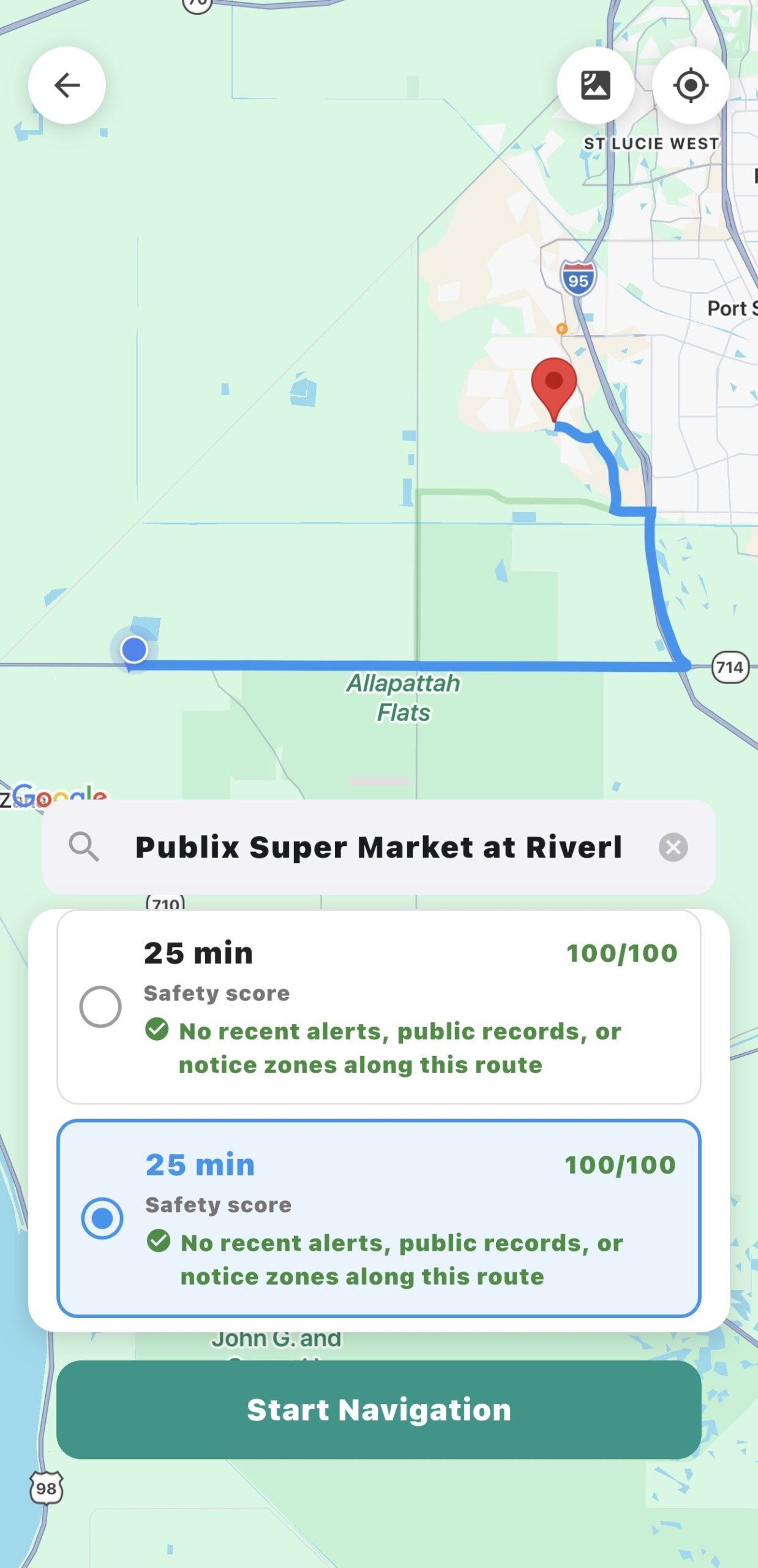 Route safety app showing a 25-minute navigation option with a 100/100 safety score