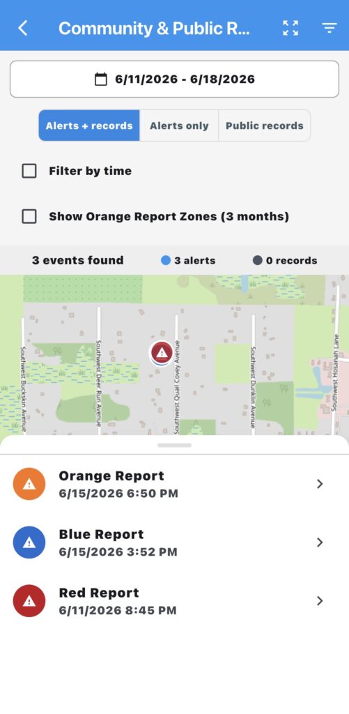 Mobile app screenshot showing community alerts and public reports on a map