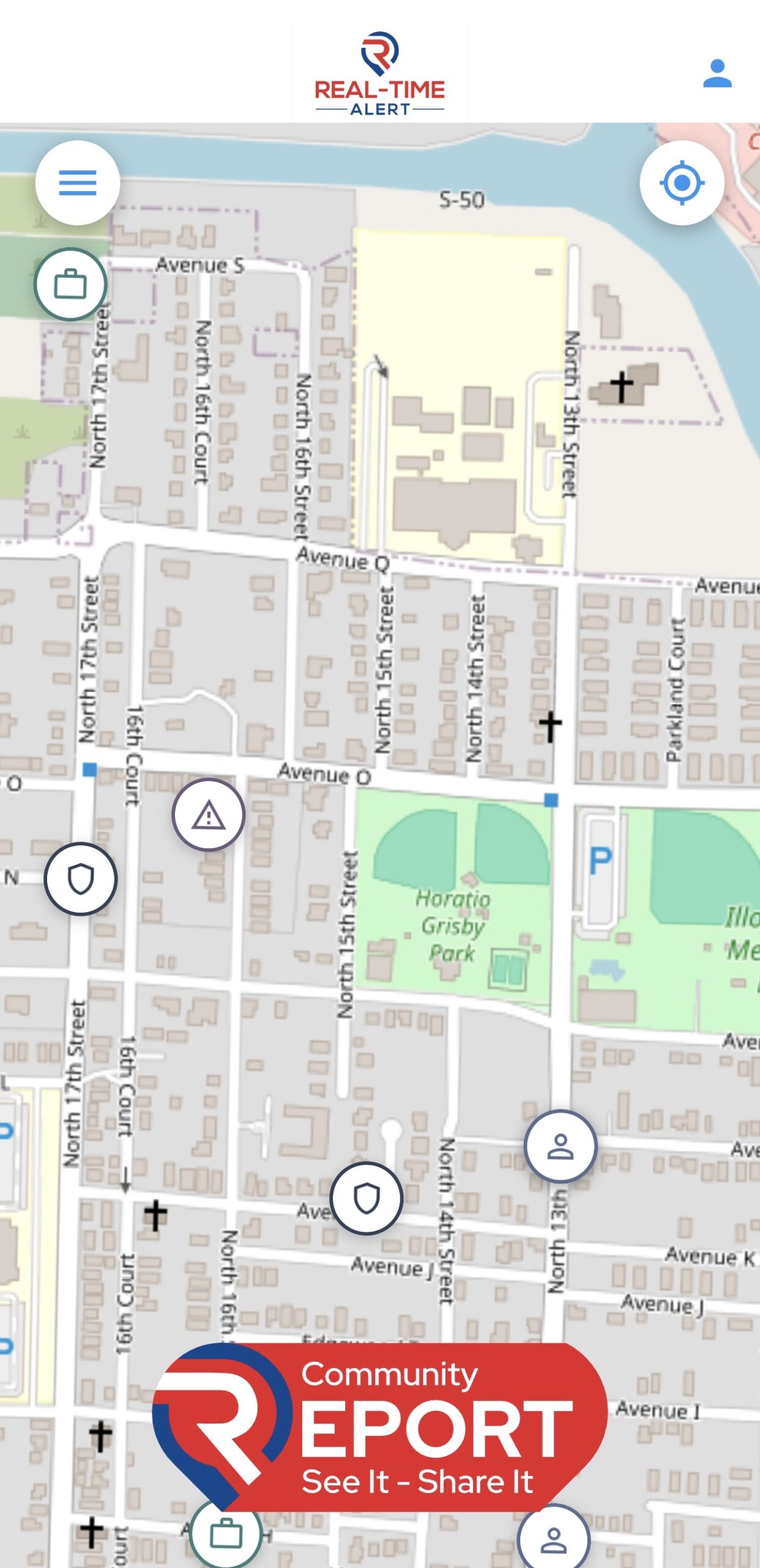 Real-Time Alert mobile map showing community report icons and nearby public safety markers