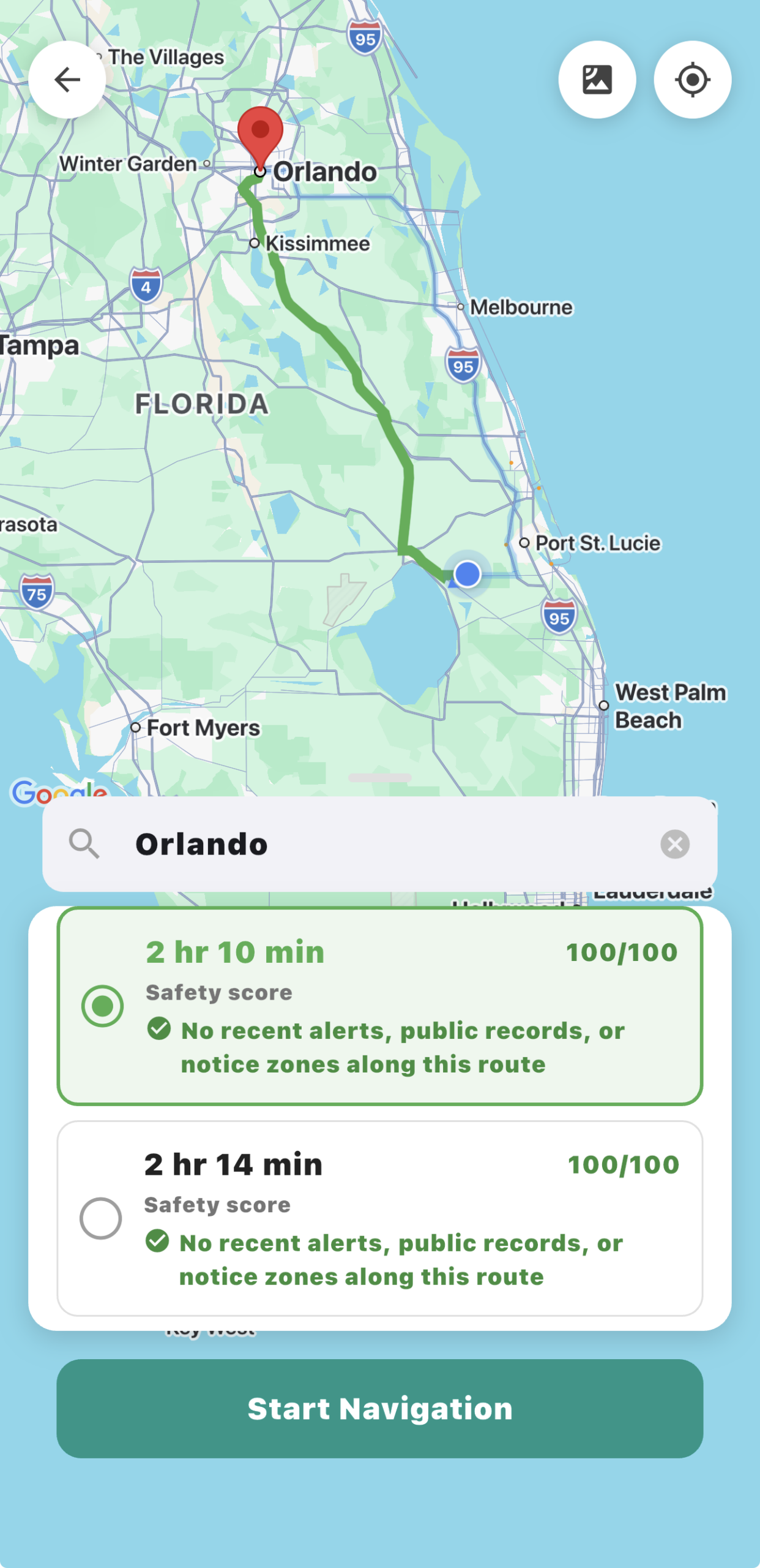 Navigate Safely route screen